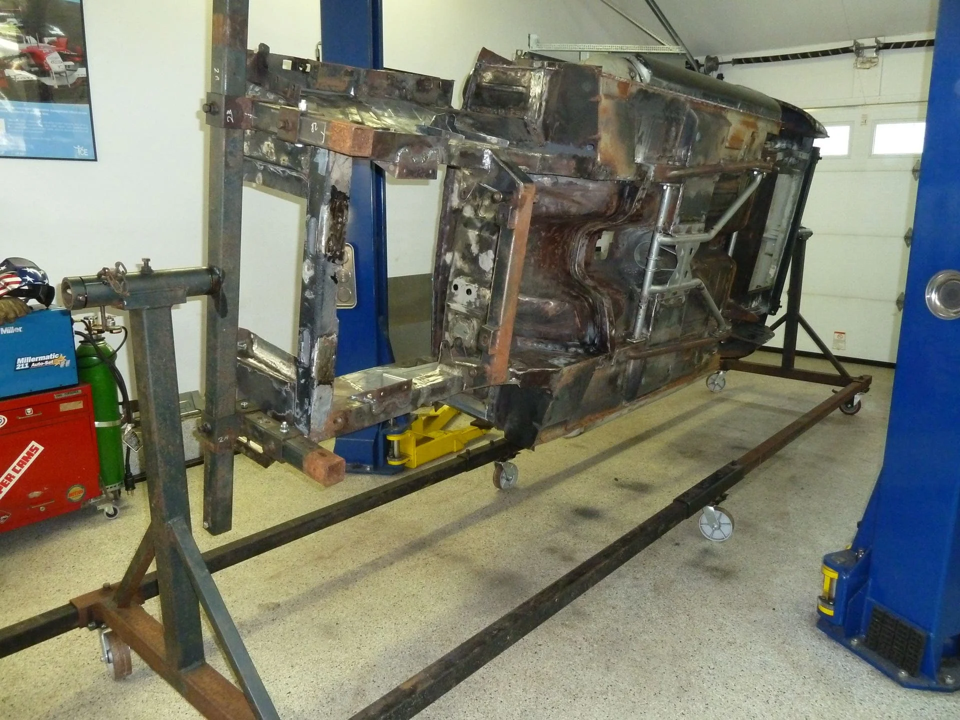 Mustang shell mounted on rotisserie